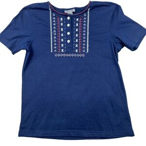 Grandmacore Knit top 4th of July Navy Blue Embroidered Henley Top Cotton Small